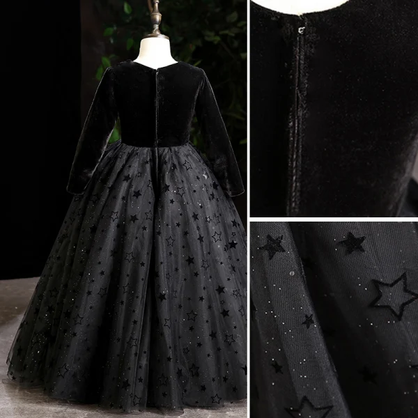 Fashion Black Star Prom Flower Girl Dresses 2022 Scoop Neck Ball Gown Long Sleeve Floor-Length / Long Flower Girl Dresses