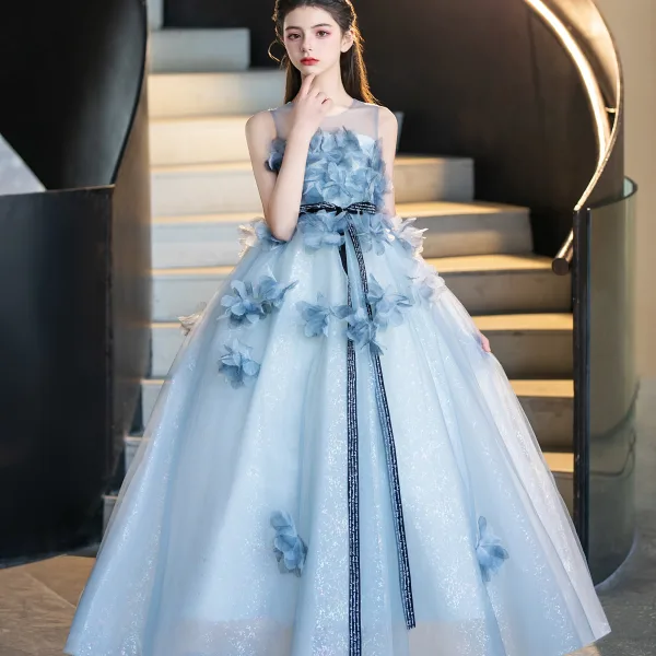 Flower Fairy Sky Blue Appliques Bow Sash Birthday Flower Girl Dresses 2025 Ball Gown Scoop Neck Sleeveless Sweep Train