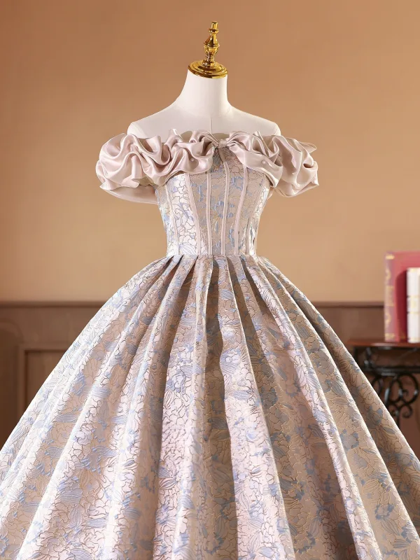 Elegant Nude Printing Prom Dresses 2026 Ball Gown Off-The-Shoulder Short Sleeve Backless Floor-Length / Long Formal Dresses