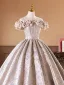 Elegant Nude Printing Prom Dresses 2026 Ball Gown Off-The-Shoulder Short Sleeve Backless Floor-Length / Long Formal Dresses