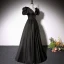 Elegant Black Satin Prom Dresses 2022 A-Line / Princess V-Neck Short Sleeve Backless Floor-Length / Long Formal Dresses