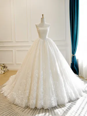 High End Elegant Champagne Håndlaget Paljetter Blonder Blomst Brudekjoler 2026 Ballkjole Strapless Uten Ermer Ryggløse Domstol Tog