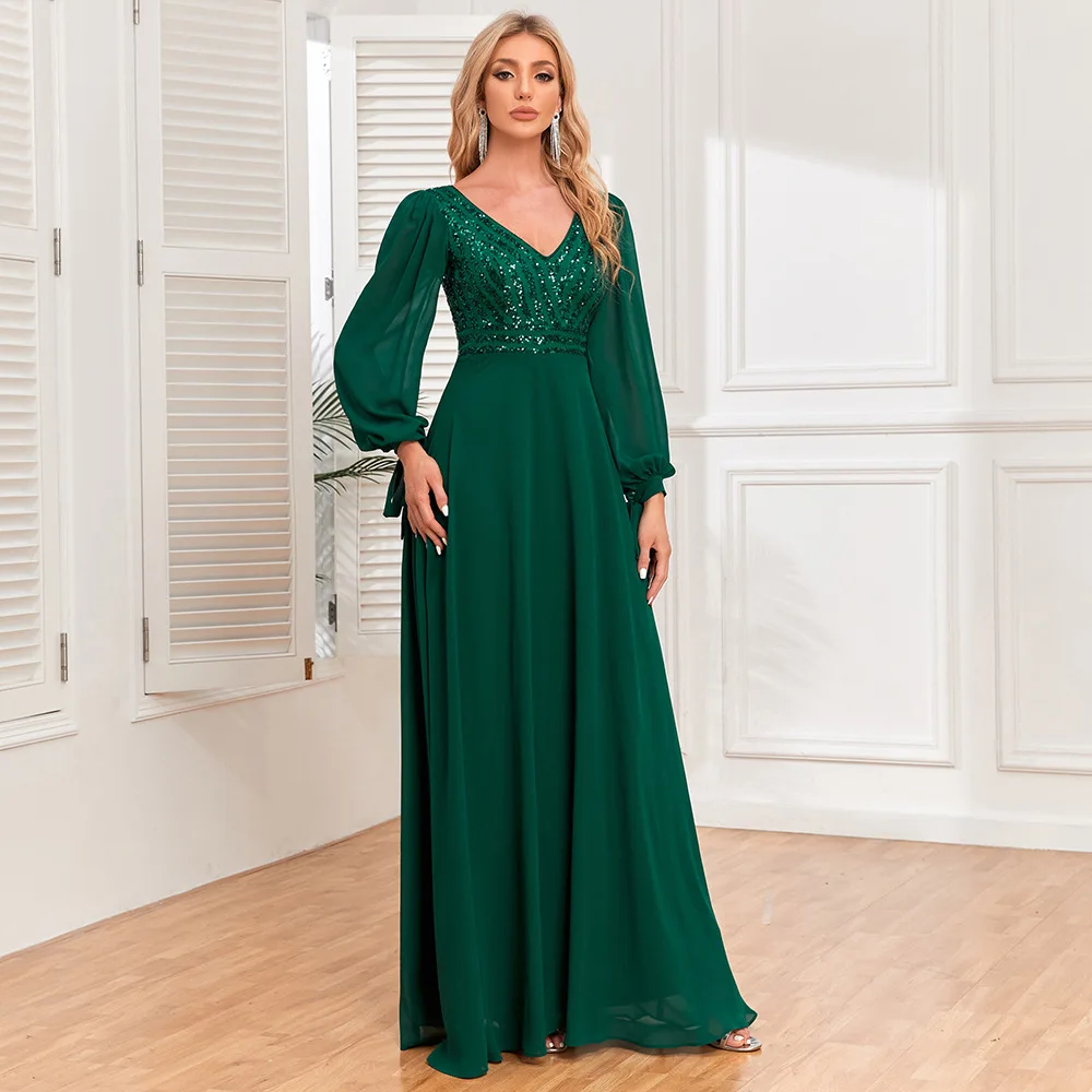 Elegant Dark Green Sequins Prom Dresses 2024 A-Line Princess V-Neck Long Sleeve Backless