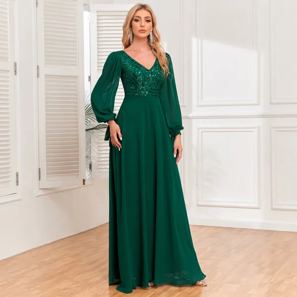 Elegant Dark Green Sequins Prom Dresses 2024 A-Line / Princess V-Neck Long Sleeve Backless Floor-Length / Long Prom Formal Dresses