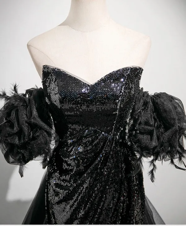 Scintillantes Noire Gland Paillettes Fendue devant Robe De Soirée 2025 Trompette / Sirène De l'épaule Manches Courtes Dos Nu Train De Balayage Robe De Ceremonie