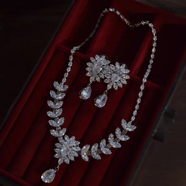 Charming White Rhinestone Zircon Wedding Earrings Necklace Bridal Hair Accessories 2025
