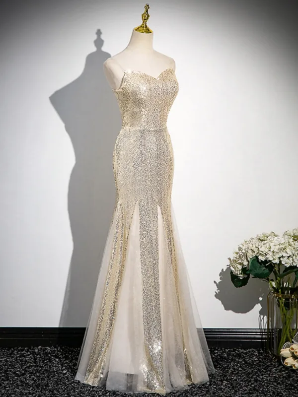 Sexy Glitzernden Champagner Pailletten Abendkleider 2024 Meerjungfrau Spaghettiträger Ärmellos Rückenfreies Lange Abend Festliche Kleider