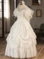 Vintage / Retro Ivory Lace Satin Wedding Dresses 2024 Ball Gown V-Neck Puffy Short Sleeve Backless Floor-Length / Long Wedding