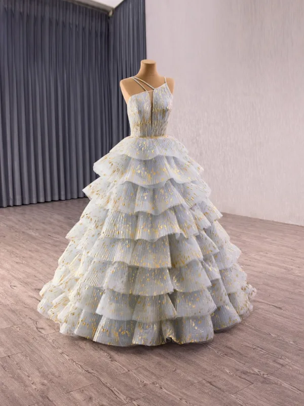 Fashion Grey Cascading Ruffles Glitter Prom Dresses 2025 Ball Gown Spaghetti Straps Sleeveless Floor-Length / Long Tulle Prom Formal Dresses