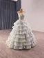 Fashion Grey Cascading Ruffles Glitter Prom Dresses 2025 Ball Gown Spaghetti Straps Sleeveless Floor-Length / Long Tulle Prom Formal Dresses