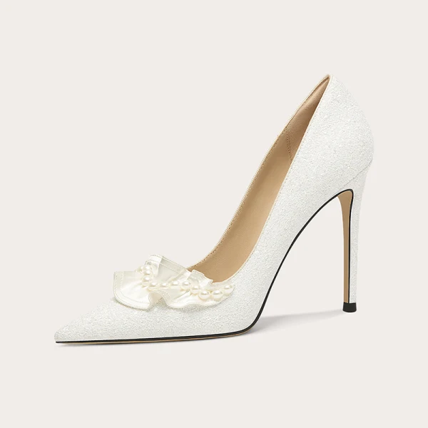 Charmant Perle Pailletten Leder Pink Brautschuhe 2024 10 cm Stilettos Spitzschuh Hochzeit Pumps Hochhackige
