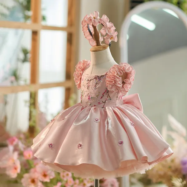 Flower Fairy Blushing Pink Beading Sequins Lace Flower Birthday Satin Flower Girl Dresses 2024 Ball Gown Scoop Neck Bow Short Sleeve Short Flower Girl Dresses