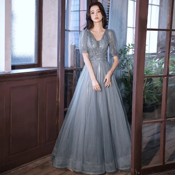 Élégant Bleu Ciel Perlage Paillettes Robe De Bal 2022 Princesse V Cou Manches Courtes Dos Nu Longue Promo Robe De Ceremonie