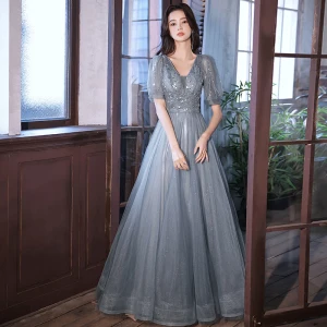 Élégant Bleu Ciel Perlage Paillettes Robe De Bal 2022 Princesse V Cou Manches Courtes Dos Nu Longue Promo Robe De Ceremonie