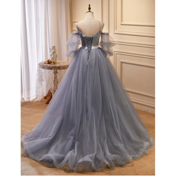 Chic / Beautiful Grey Lace Flower Prom Dresses 2023 A-Line / Princess Spaghetti Straps Puffy Short Sleeve Backless Floor-Length / Long Prom Formal Dresses