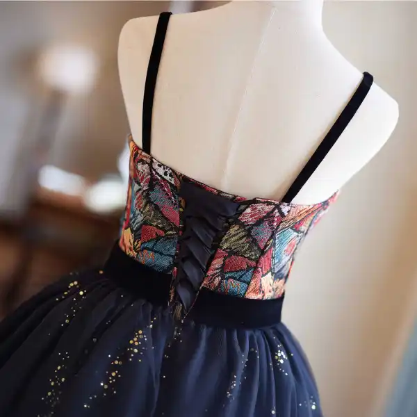 Vintage / Retro Navy Blue Embroidered Sequins Short Homecoming Graduation Dresses 2024 Ball Gown Spaghetti Straps Sleeveless Backless Formal Dresses