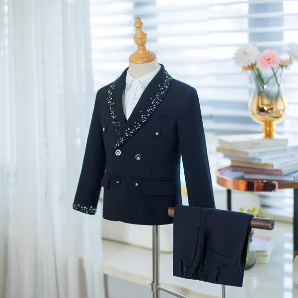 Bleu Marine Paillettes 4 pièces Manches Longues Costume Garçon Mariage 2025 Manteau Pantalon Chemise Gilet Mariage
