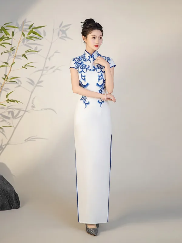 Chinese style White Lace Flower Split Front Cheongsam 2025 Trumpet / Mermaid High Neck Short Sleeve Floor-Length / Long Evening Party Cheongsam / Qipao