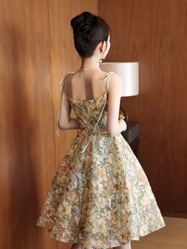 Flower Fairy Sage Green Sequins Embroidered Homecoming Graduation Dresses 2025 A-Line / Princess Spaghetti Straps Sleeveless Backless Knee-Length Formal Dresses