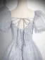 Elegant Sky Blue Beading Floor-Length / Long Prom Dresses 2024 A-Line / Princess Square Neckline Short Sleeve Backless Bow Prom Formal Dresses