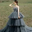 Classic Grey Cascading Ruffles Lace Flower Prom Dresses 2022 A-Line / Princess Spaghetti Straps Sleeveless Backless Sweep Train Prom Formal Dresses