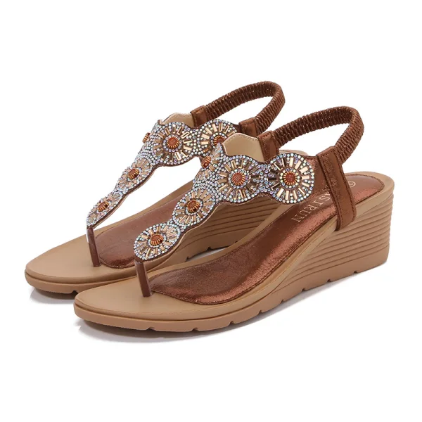 Bohemia Silver Casual Street Wear Beach Rhinestone Womens Sandals 2023 Summer T-Strap 6 cm Wedges Open / Peep Toe Sandals