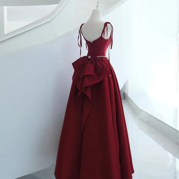 Charming Burgundy Evening Dresses 2023 A-Line / Princess Spaghetti Straps Sleeveless Backless Bow Pearl Sash Floor-Length / Long Evening Party Formal Dresses