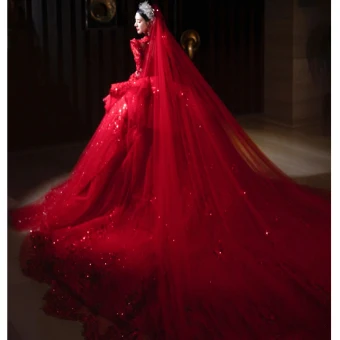 Vintage Retro Red Beading Appliques Lace Flower Wedding Dresses 2024 Ball Gown Scoop Neck Long Sleeve Royal Train Wedding