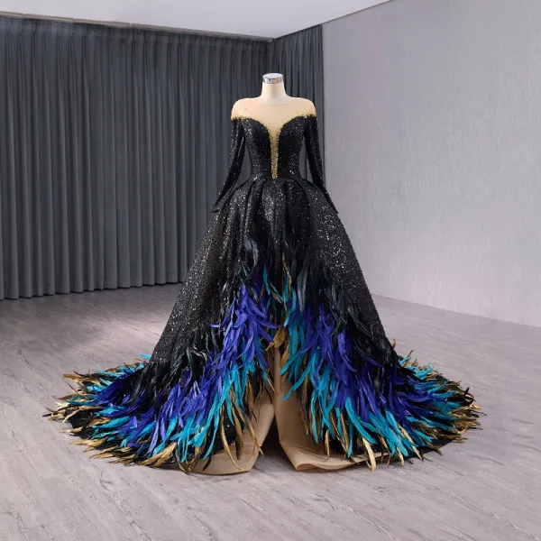 Unusual Luxury / Gorgeous Black Beading Sequins Multi-Colors Feather Prom Dresses 2024 Ball Gown Scoop Neck Long Sleeve Court Train Prom Formal Dresses Unusual Luxury / Gorgeous Black Beading Sequins Multi-Colors Feather Prom Dresses 2024 Ball Gown Scoop Neck Long Sleeve Court Train Prom Formal Dresses