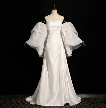 Fashion White Satin Tassel Wedding Dresses 2024 Trumpet Mermaid Strapless Short Sleeve Backless Sweep Train Wedding