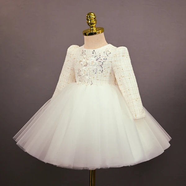 Elegant White Beading Lace Flower Pearl Sequins Bow Birthday Flower Girl Dresses 2024 Ball Gown Scoop Neck Short Long Sleeve