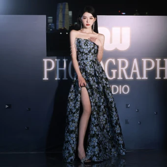 Sexy Black Printing Split Front Evening Dresses 2024 A Line Princess Strapless Sleeveless Backless Floor Length Long Evening Party Formal Dresses