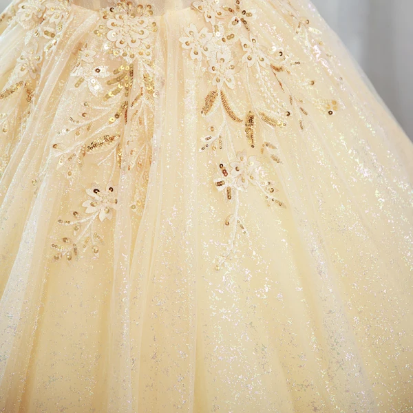 Elegant Champagne Lace Sequins Prom Dresses 2022 Ball Gown V-Neck Sleeveless Backless Floor-Length / Long Prom Formal Dresses
