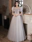 Chic / Beautiful Grey Beading Glitter Evening Dresses 2023 A-Line / Princess Scoop Neck Short Sleeve Backless Floor-Length / Long Evening Party Formal Dresses