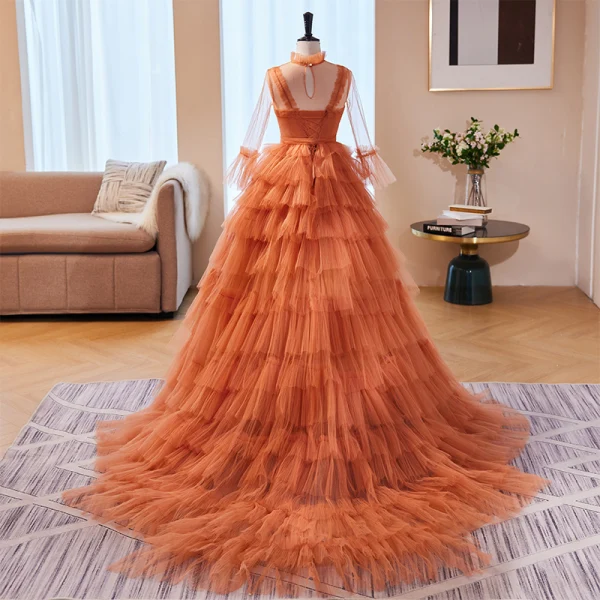 Fashion Orange Pleated Prom Dresses 2023 Ball Gown High Neck Bell sleeves Sweep Train Prom Formal Dresses