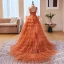 Fashion Orange Pleated Prom Dresses 2023 Ball Gown High Neck Bell sleeves Sweep Train Prom Formal Dresses