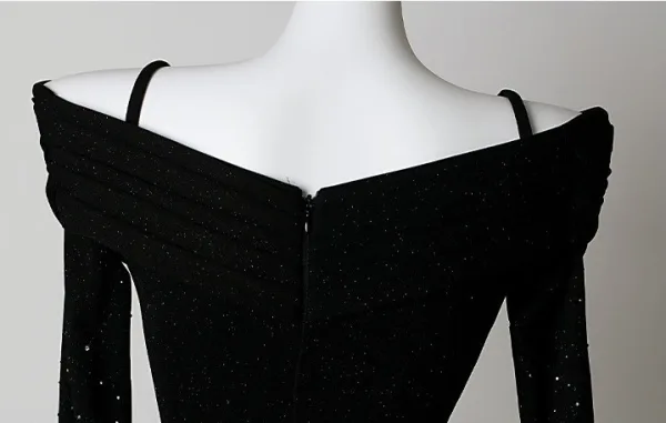 Charmant Noire Faux Diamant Fendue devant Robe De Soirée 2026 Trompette / Sirène De l'épaule Manches Longues Longue Robe De Ceremonie