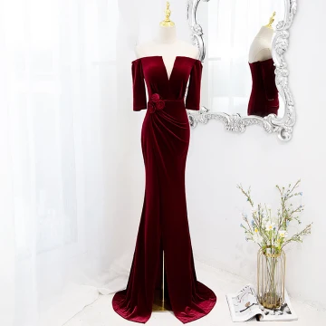 Charming Burgundy Suede Evening Dresses 2022 Trumpet Mermaid Off The Shoulder Short Sleeve Backless Sash Flower Sweep Train Evening Party Formal Dresses