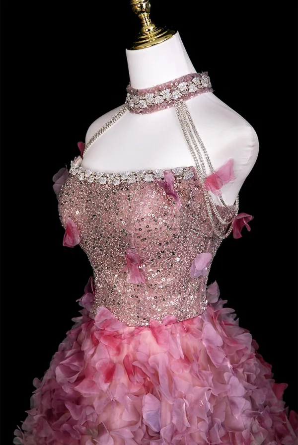 Blumenfee Rosa Strass Pailletten Applikationen Ballkleider 2025 A Linie Stehkragen Ärmellos Rückenfreies Sweep / Pinsel Zug Festliche Kleider