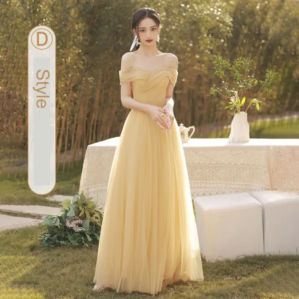 Modest / Simple Daffodil Bridesmaid Dresses 2022 A-Line / Princess Short Sleeve Backless Floor-Length / Long Bridesmaid