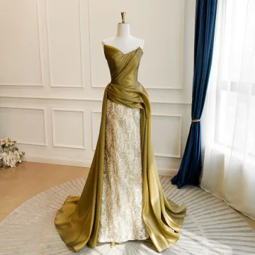 Elegant Vintage Retro Khaki Sequins Lace Flower Prom Dresses 2026 Trumpet Mermaid Strapless Sleeveless Backless Sweep Train Formal Dresses