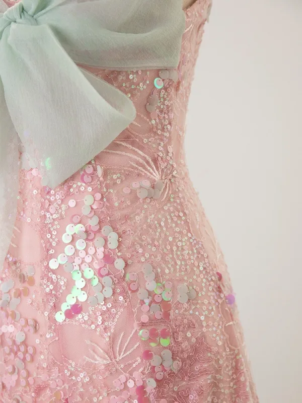 Scintillantes Rougissant Rose Paillettes Noeud Robe De Bal 2025 Trompette / Sirène Bustier Sans Manches Dos Nu Train De Balayage Robe De Ceremonie