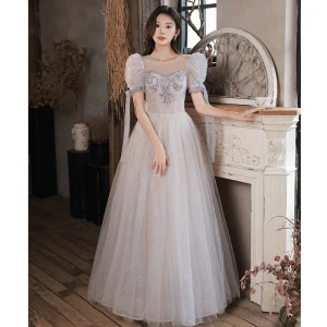 Chic Beautiful Grey Beading Glitter Evening Dresses 2023 A Line Princess Scoop Neck Short Sleeve Backless Floor Length Long Evening Party Formal Dresses