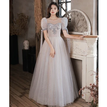 Chic Beautiful Grey Beading Glitter Evening Dresses 2023 A Line Princess Scoop Neck Short Sleeve Backless Floor Length Long Evening Party Formal Dresses