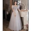 Chic / Beautiful Grey Beading Glitter Evening Dresses 2023 A-Line / Princess Scoop Neck Short Sleeve Backless Floor-Length / Long Evening Party Formal Dresses