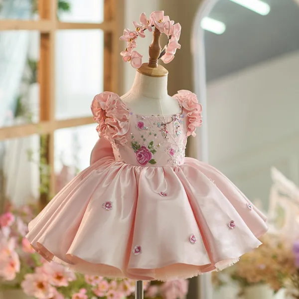 Flower Fairy Blushing Pink Beading Sequins Lace Flower Birthday Satin Flower Girl Dresses 2024 Ball Gown Scoop Neck Bow Short Sleeve Short Flower Girl Dresses