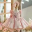 Flower Fairy Blushing Pink Beading Sequins Lace Flower Birthday Satin Flower Girl Dresses 2024 Ball Gown Scoop Neck Bow Short Sleeve Short Flower Girl Dresses