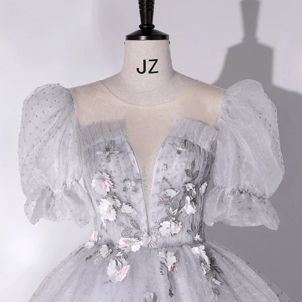 Chic / Beautiful Silver Grey Prom Dresses 2022 Ball Gown Scoop Neck Beading Lace Flower Appliques Short Sleeve Floor-Length / Long Formal Dresses