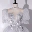 Chic / Beautiful Silver Grey Prom Dresses 2022 Ball Gown Scoop Neck Beading Lace Flower Appliques Short Sleeve Floor-Length / Long Formal Dresses
