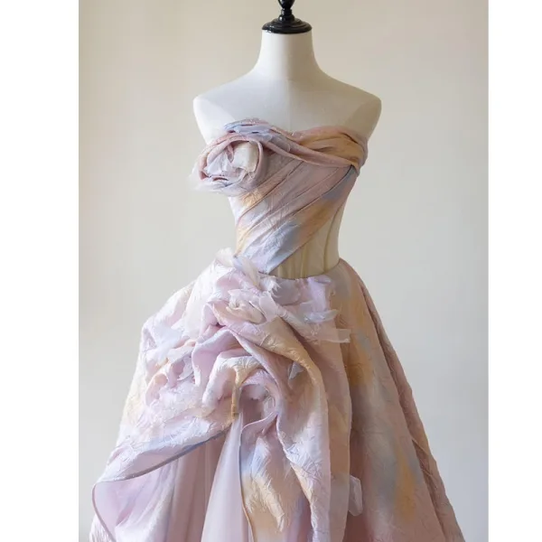 Chic / Beautiful Blushing Pink Printing Prom Dresses 2025 Ball Gown Strapless Sleeveless Backless Floor-Length / Long Formal Dresses